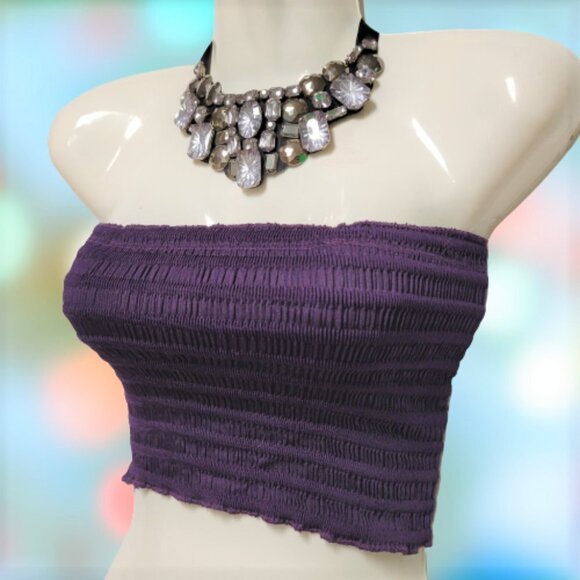 Purple Sexy Crop Top Strapless Tube Top Smocked Stretchy Summer Bandeau - NEW - Picture 2 of 13